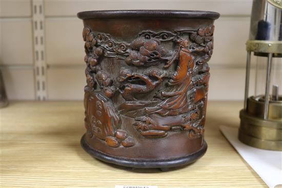 A Chinese bamboo and wood sagos brushpot height 17cm